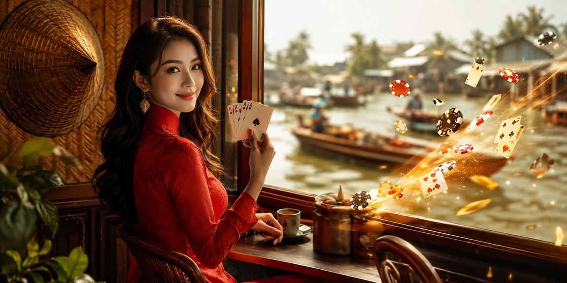 Người phụ nữ mặc áo dài tham gia trò chơi bài trên sông Mekong trong không khí lành mạnh